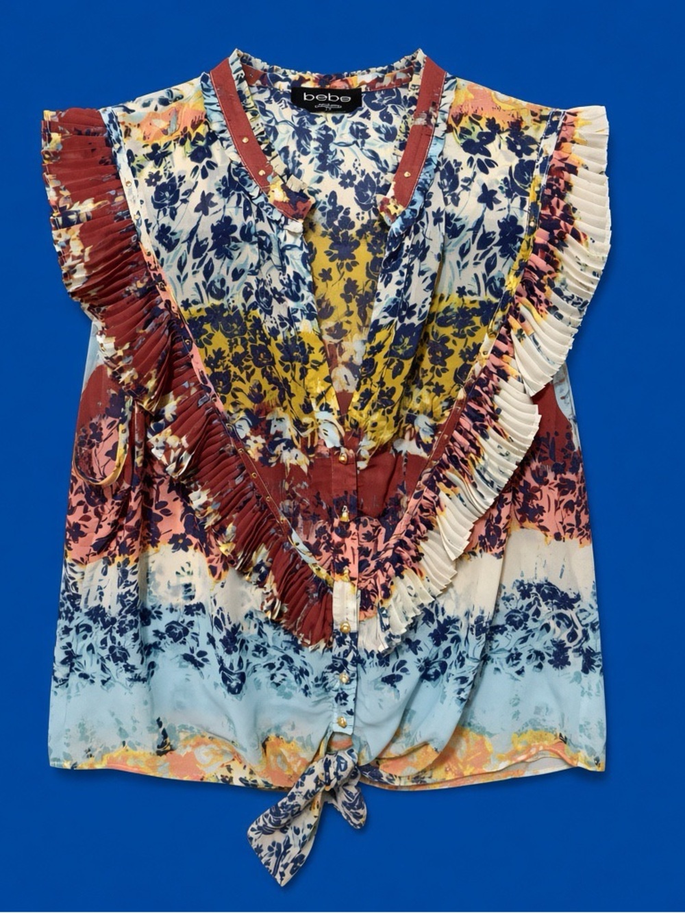 bebe Multicolor Floral Ruffle Tie-Front Blouse